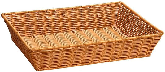 Poly Wicker Bread Basket, Hand Woven Food Storage Room Organizer, Fruits, Vegetables and Snacks Tabletop Food Serving Basket, Restaurant, Hotel Service, Brown (16“2pack)