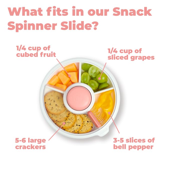 GoBe Kids Small Snack Spinner Slide Bundle with Hand Strap and Sticker Sheet - Reusable Snack Container with 5 Compartment Dispenser and Lid | BPA/PVC Free | Dishwasher Safe | No Spill