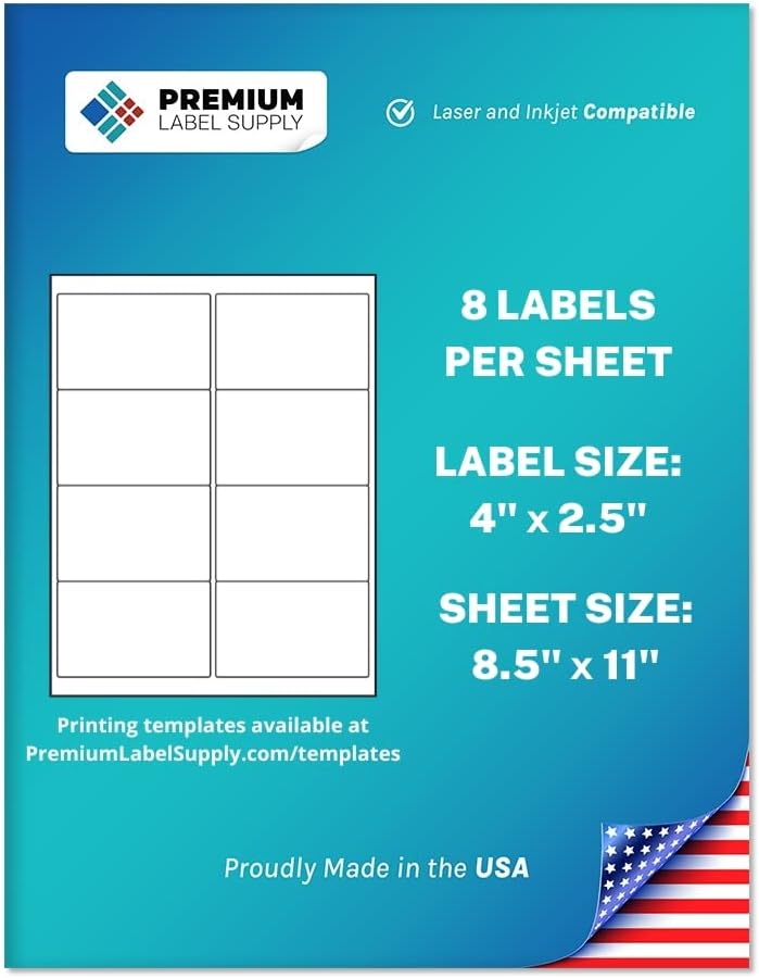 Premium Label Supply White Sticker Shipping/Mailing Labels – 4" x 2.5" – Laser/Inkjet Compatible – (8 per Sheet), 25 Sheets – 200 Total Adhesive Labels