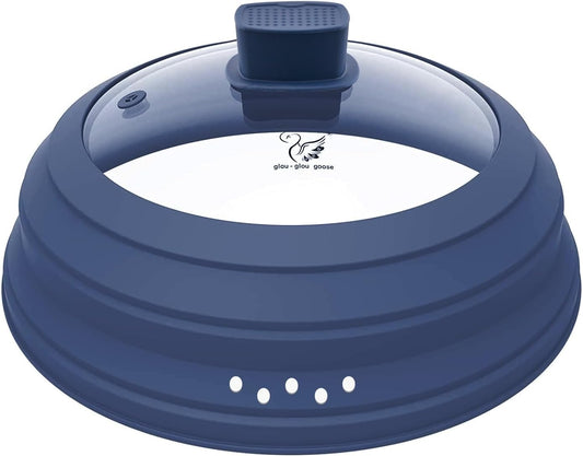 Microwave Splatter Cover Glass Cover Guard Lid with Collapsible Silicone for Food Pot Plate Cover 10.8 inch Dark Blue