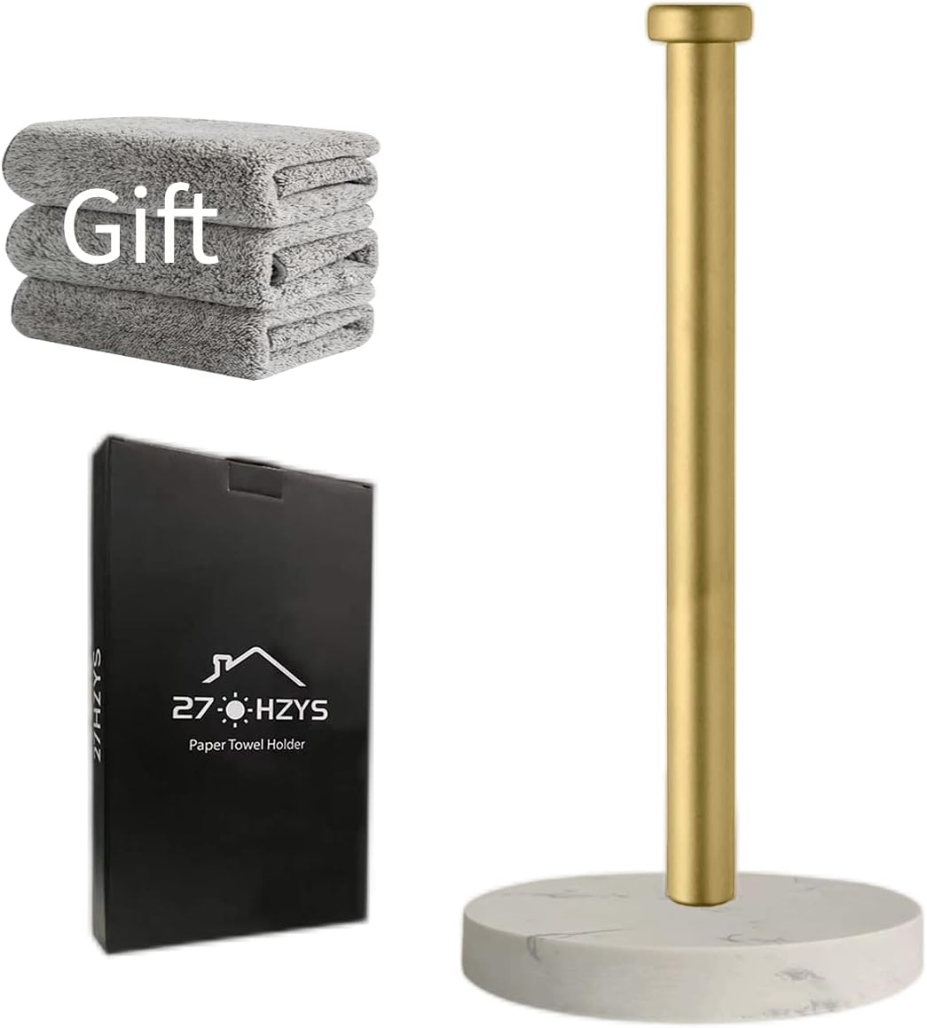 Paper Towel Holder Countertop, Standing Paper Towel Roll Holder for Kitchen Bathroom, with Weighted Marble Base for One-Handed Operation (Gold), Gold Paper Towel Holder, Marble