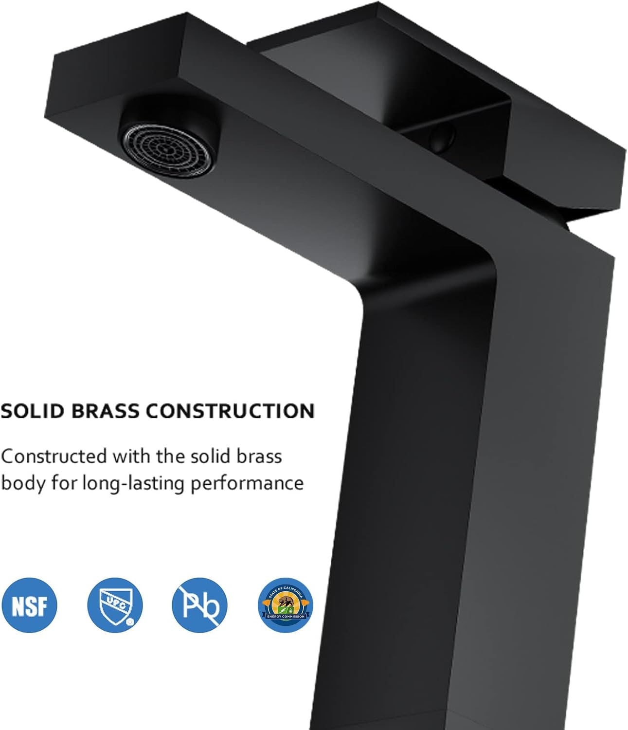 Solid Brass Black Bathroom Faucet, cUPC & CEC Certified 1 Hole Faucet for Bathroom Sink, Lead-Free Single Hole Bathroom Sink Faucet with Water Supply Hoses & Pop Up Drain Stopper