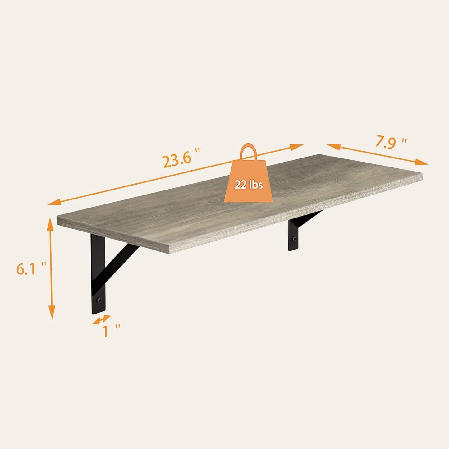 DINZI LVJ Wall Shelves, 23.6 x 7.9 x 6.1 Inch Floating Shelves for Wall, Set of 2, Easy-to-Install Wall Storage Ledges with Sturdy Metal Brackets for Living Room, Bathroom, Kitchen, Gray Wash
