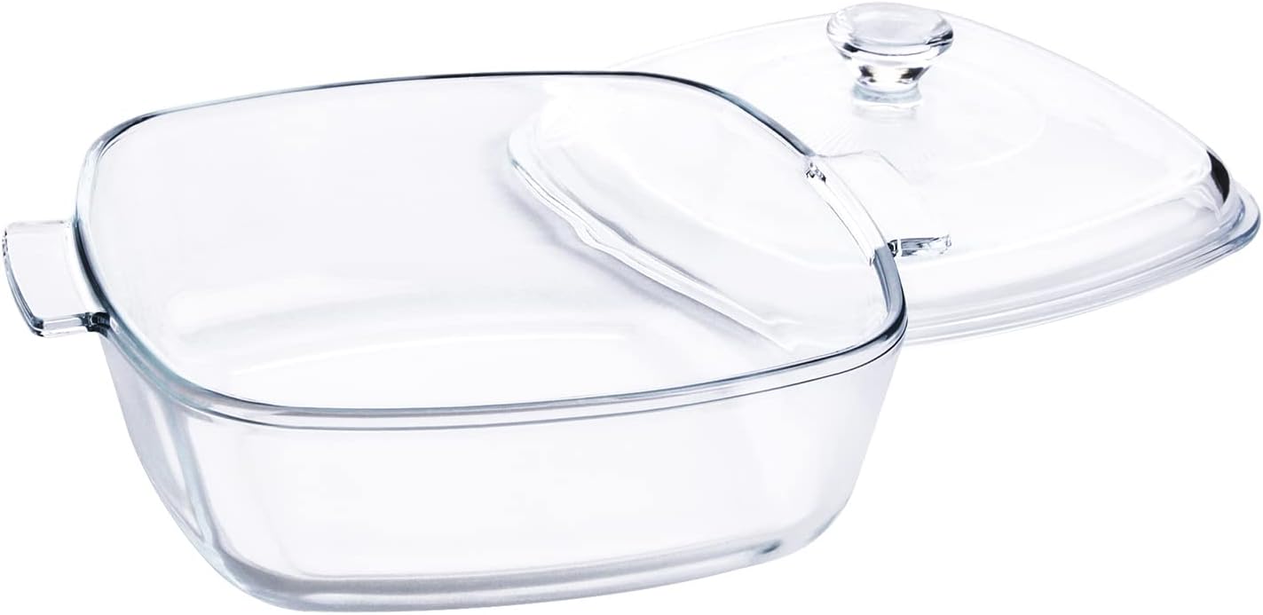Clear Square Glass Casserole with Lid, Baking Dish with Glass Cover, Oven, Freezer and Dishwasher Safe (1.2-Quart Square)