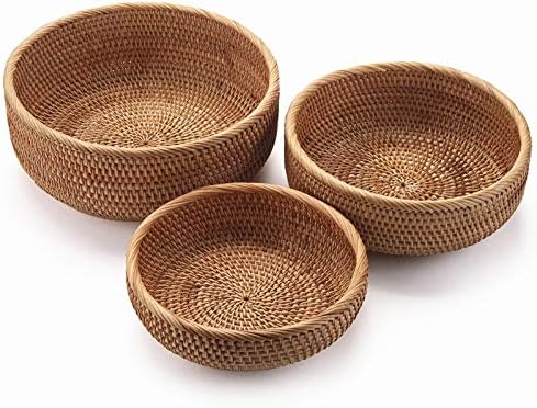YANGQIHOME Natural Rattan Round Fruit Basket Bowls, Handwoven Storage Serving Baskets, Wicker Organizer for Dinning Room (Set of 3)