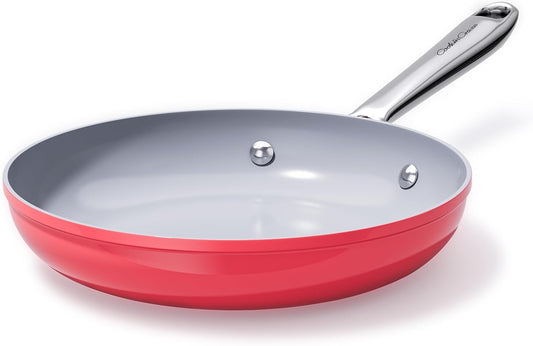 Nonstick Ceramic Frying Pan 10 Inch for Induction Cooktop - Non Toxic, PTFE/PFOA/PFAS Free, Oven & Dishwasher Safe up to 500°F - Non Stick Small Skillet with Stay-Cool Handle - Fusion Red