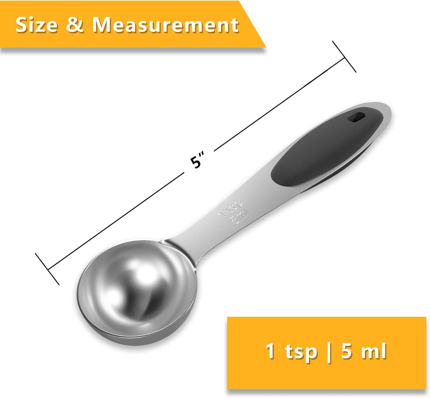 2PCS 1 Tsp(1/3tbsp, 1/6oz, 5ml) Single Measuring Spoon with Black Silicone Grip, Stainless Steel Individual Measure Scoop Only
