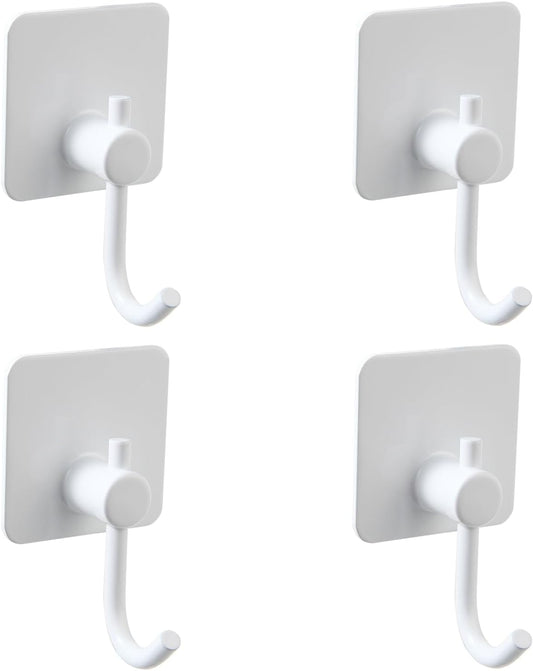 Aluminum Wall Hooks, No Drill Damage-Free Adhesive Hook, Product for Hanging Heavy Duty for Bathroom Kitchen Home (Curved Square White Hook, 4)