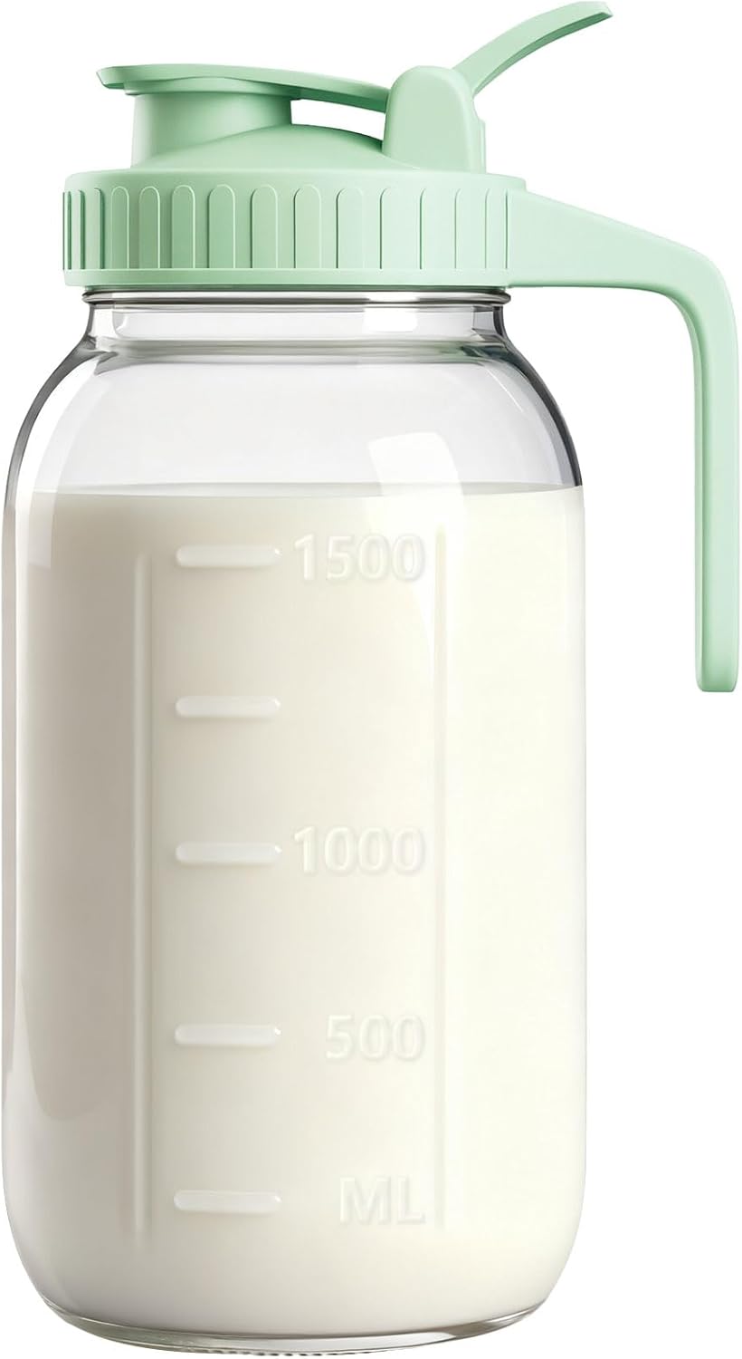 64oz Glass Breast Milk Pitcher with Lid & Pour Spout, 2 Quart Airtight Leakproof BreastMilk Fridge Storage Container - Wide Mouth, Dishwasher Safe Formula Pitcher with Handle