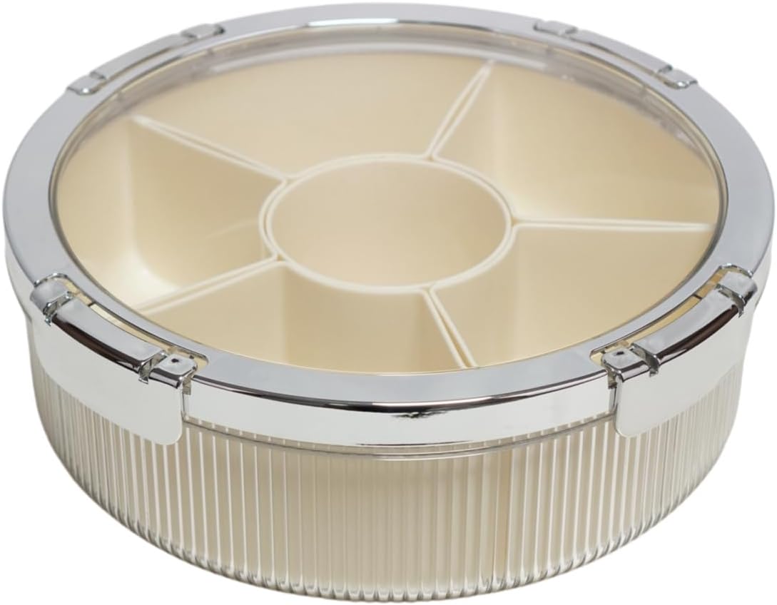 Snackle Box Container, Round Divided Serving Tray with lid 6parts for Veggie, Candy and Nuts Organizer for Travel, Party and Picnic (Cream/Silver)