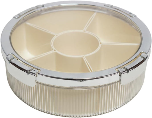 Snackle Box Container, Round Divided Serving Tray with lid 6parts for Veggie, Candy and Nuts Organizer for Travel, Party and Picnic (Cream/Silver)