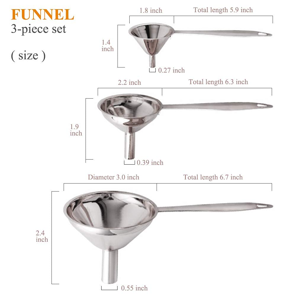 3 in 1 Metal Funnels for Filling Bottles Stainless Steel Small Kitchen Funnel Set for Transferring Essential Oils Liquid Fluid Spice Dry Ingredients Powder, Durable and Dishwash Safe