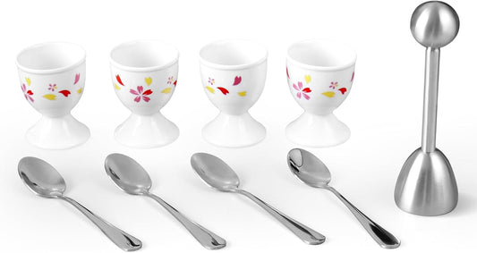 Cinf Sakura Ceramic Egg Cups & Cracker Set | Set of 4 Ceramic Egg Cups + 4 SS Spoons + 1 Egg Topper Breakfast Boiled Cooking Easy to Clean Childhood Memories Kitchen