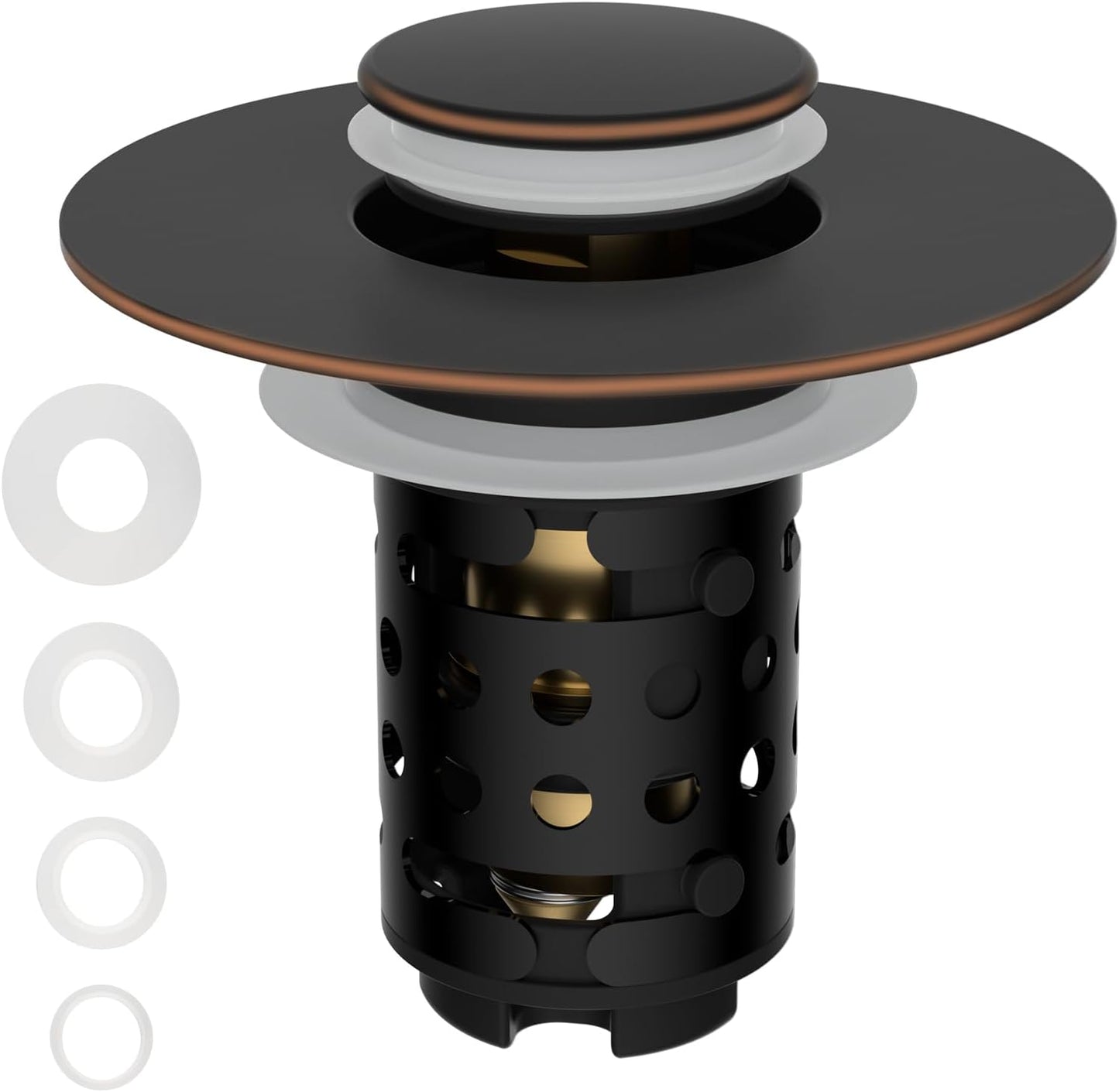 Universal Bathroom Sink Stopper Hair Catcher Upgraded with 2-Layer Detachable Filter Basket, 4 in 1 Pop Up Drain Strainer, Anti-Clog, Odor-Block, Fit for 1.1''~2.36'' Sinks, Oil Rubbed Bronze
