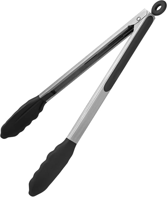 600ºF Heat Resistant Kitchen Tongs: U-Taste 12 inch Large Silicone Cooking Tong with Sturdy Non Stick Rubber Tips & Silicon Coated 18/8 Stainless Steel Handle & Smooth Locking for Serving Grill(Black)