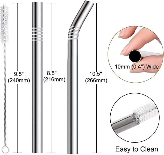 Vinaco Stainless Steel Smoothie Straws, 0.4'' Extra Wide Reusable Metal Drinking Straws for Milkshake, Smoothie, Beverage, Set of 6 with 1 Cleaning Brush (3pcs 10.5'' Bent |3pcs 8.5'' Straight)