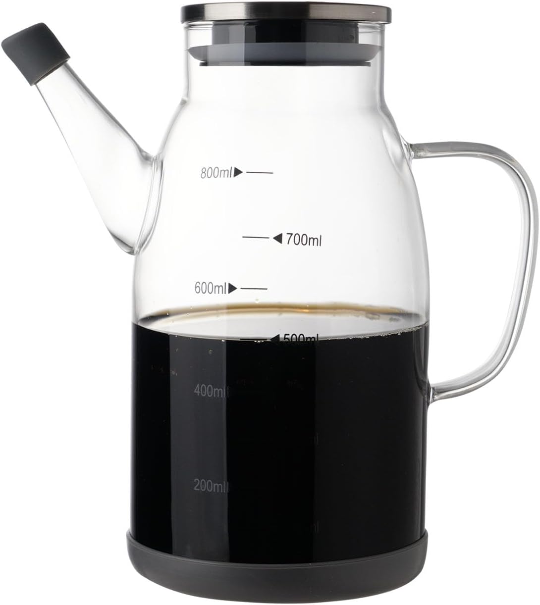 Large Glass Oil Dispenser Bottle for Kitchen Cooking Recipiente Para Aceite De Cocina Olive Oil Vinegar Dispenser Cruet Stainless Steel Lid No Drip Liquid Container (Clear, 27oz / 800ml)