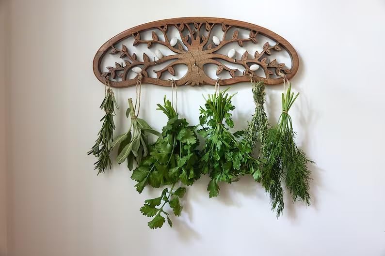 Rustic Herb Drying Rack Hanging - Artistic Life Tree Design for Kitchen Witches & Gardeners - Holds 11 Bouquets - Saving Space Herb & Flower Dryer - Gift for Crafters - Wall Art Décor