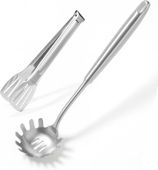 Newness 304 Stainless Steel Spaghetti Server and Spaghetti Tong, [Rustproof, Integral Forming, Durable] Pasta Spoon with Teeth with Vacuum Ergonomic Handle, Comfortable Grip Design Pasta Server
