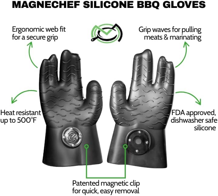 MagneCHEF Magnetic BBQ Grill Gloves – Heat Resistant, Patented Magnetic Safety Clip Easy On & Off, Firefighter-Designed, Dishwasher-Safe, Waterproof, Perfect for Grilling, Smoking, Frying, Baking