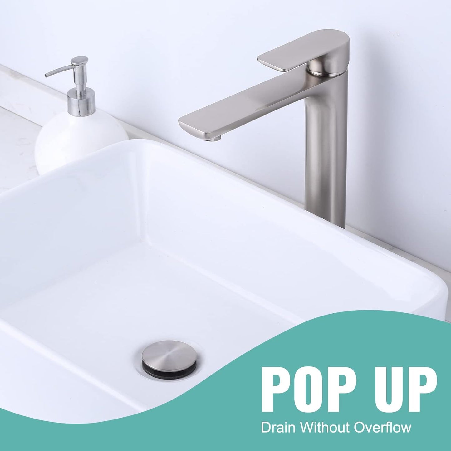 Bathroom Sink Drain Without Overflow, ARCORA Brushed Nickel Pop Up Drain for Vessel Sink Clicker Drain Stopper