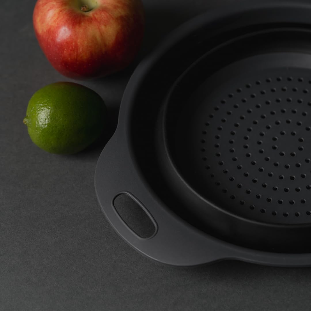 Collapsible Colander | 2-Pack Black Collapsible Strainer for Pasta, Fruits, & Vegetables | Compact Silicone Strainer Ideal for Straining all Sorts of Foods | Strainer for Everyday Use Medium