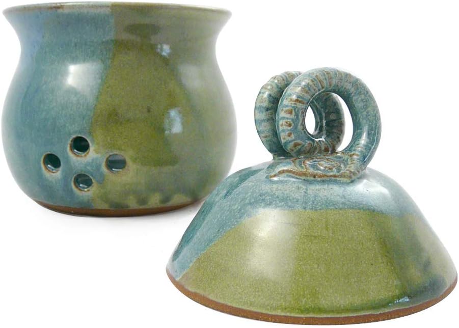Modern Artisans American Made Stoneware Pottery Garlic Keeper Jar with Olive Motif