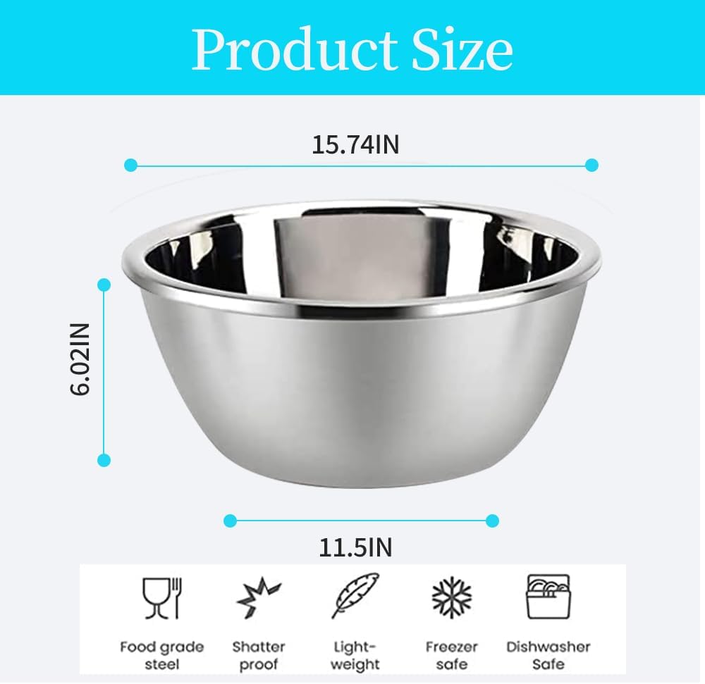 meleg otthon Stainless Steel Mixing Bowl, Stainless Steel Basin, 18.5QT Mixing Bowls,Heavy Duty Deeper Edge Mirror Finish Dishwasher Safe Bowl(15.74'' diameter x 6.02''high)
