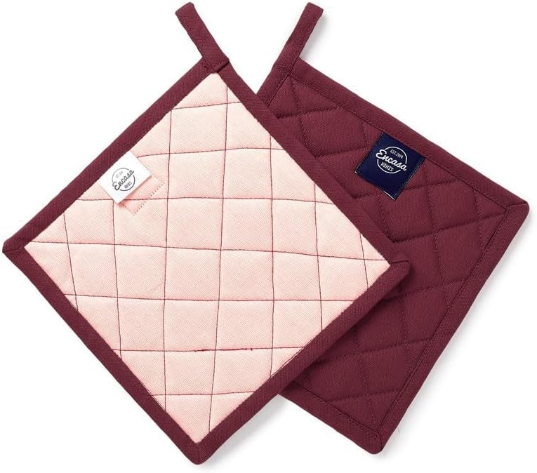 Encasa XO Heat Resistant Cotton Pot Holders with Hanging Loop - Set of 2 - Maroon - Multipurpose Quilted Everyday Hot Pad for Kitchen, Camping, BBQ & Microwave - 8x8 in