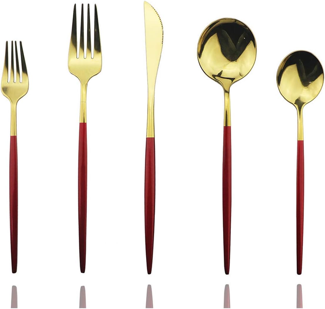 Red Gold Silverware Set, JASHII 30-Piece Stainless Steel Satin Finish Flatware Set, Kitchen Utensil Set, Mirror Polished Tableware Cutlery Set for Home and Restaurant, Dishwasher Safe