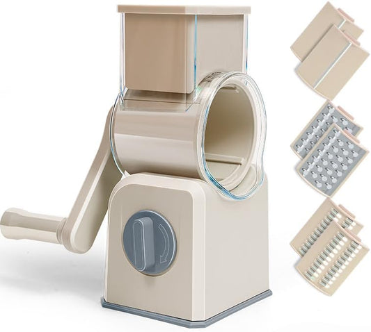 Manual Vegetable Slicer - Patented Drum Cutter w/Interchangeable Blades, Safe & Fast Hand Crank Operation - for Carrots, Cucumbers, Onions, Fruits (Upgraded Stainless Steel Blades) (Beige, 3 Blades)