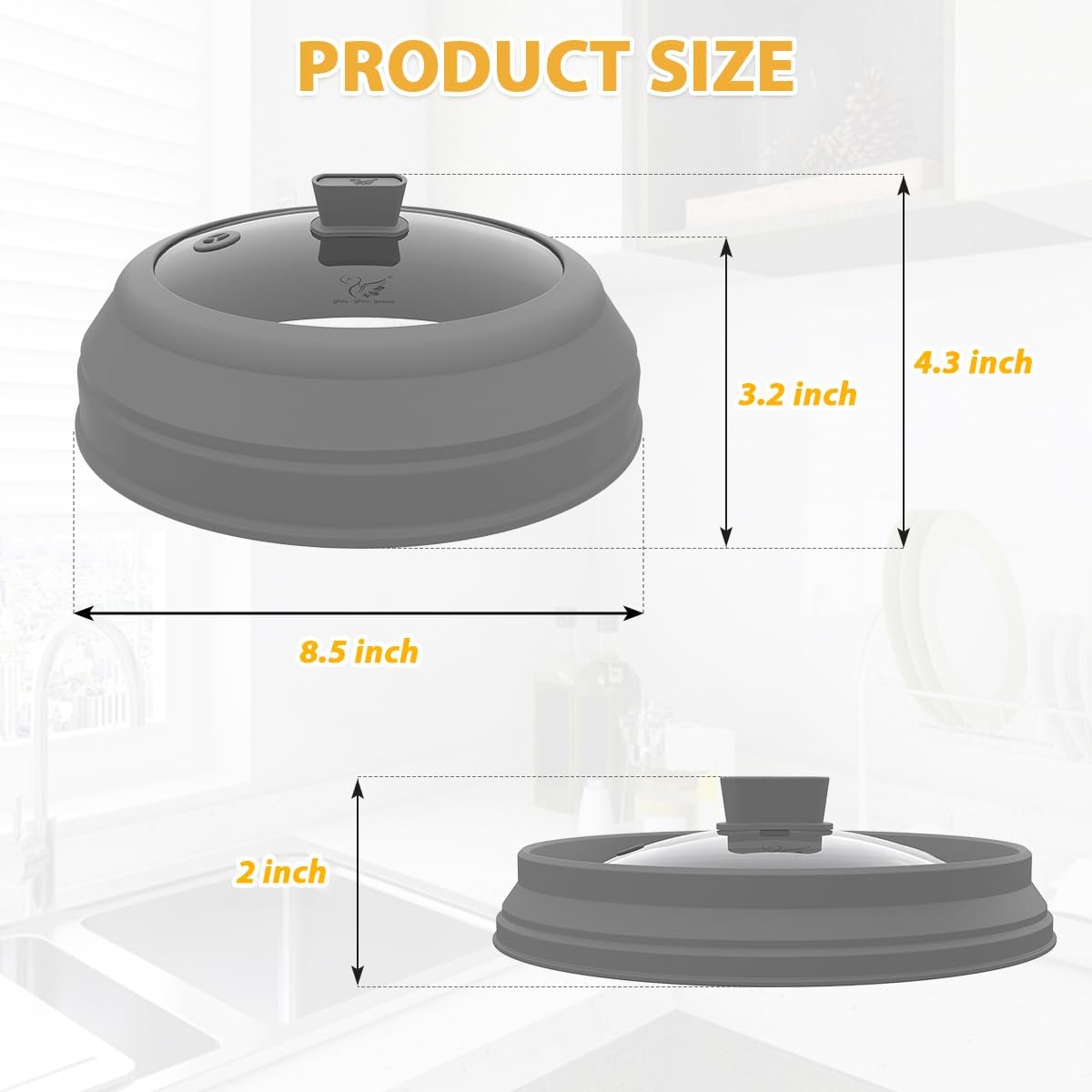 Microwave Splatter Cover Glass Splatter Guard Lid with Collapsible Silicone for Food Plate Cover 8.5 inch Grey