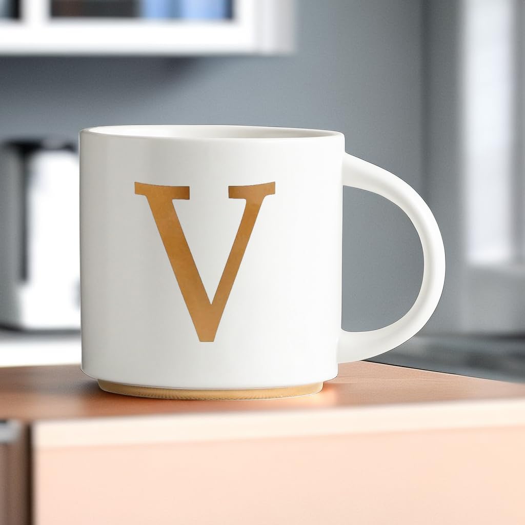 COLLECTIVE HOME - Monogram Ceramic Mugs, 15 oz Golden Initial Coffee Cups, Elegant Alphabet Tea Mugs, Elegant Personalized Mug with Gift Box, Unique Mug with Double Side Capital Letter (V)