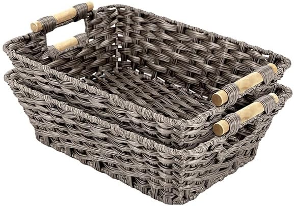 Baskets-Wicker Storage Baskets-Waterproof Wicker with Handles Hand-Woven Blue Handle Food Storage Pantry Woven Storage Boxes, 2 Pack, Home Storage Boxes