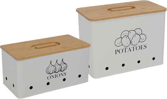 Potato Onion Storage Box, Food Container Sets, Storage Canisters for Vegeatables, Set of 2 Jars Pots Containers, Potato & Onion Bin with Aerating Tin Storage Holes & Bamboo Lid-White
