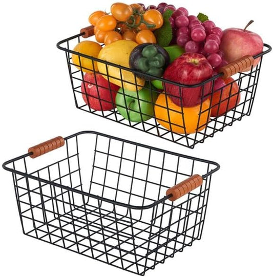 Wire Kitchen Storage Basket 2 Packs,Perfect Pantry Organization Accessories Baskets,Laundry Basket,With a Wooden handle,Suitable for Kitchen,Bathroom,Bedroom,Tabletop,Stackable,Black