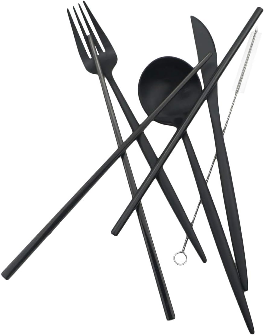 Gugrida Reusable Travel Utensils, 7 Piece Portable 304 Stainless Steel including Knife Fork Spoon Chopsticks Cleaning Brush Straws Portable Pouch, Eco-friendly Camping Silverware Set, Dishwasher Safe