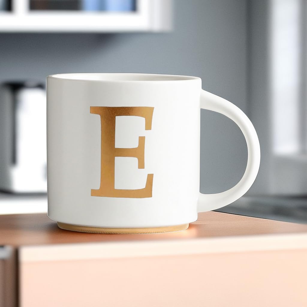 COLLECTIVE HOME - Monogram Ceramic Mugs, 15 oz Golden Initial Coffee Cups, Elegant Alphabet Tea Mugs, Elegant Personalized Mug with Gift Box, Unique Mug with Double Side Capital Letter (E)