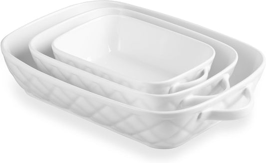 Sweejar Casserole Dishes for Oven, Baking Dish Set of 3,Ceramic Bakeware Set, Rectangular Baking Pan for Cooking,Kitchen,Banquet,12.2x9.2x2.5 Inches (White)