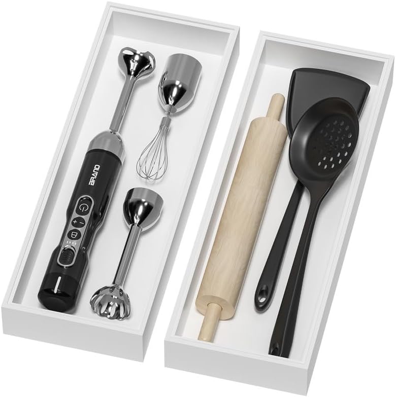 Bamboo Drawer Organizer, Extra Large Silverware Organizer for Kitchen Drawer, Stackable Utensil Organizer, 2 Pcs Toilet Tank Topper Tray, Wooden Toilet Paper Basket (White, 17 X 6 X 2 Inch)