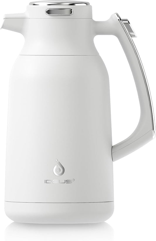 IDEUS Thermal Coffee Carafe 68oz (2,000ml), Stainless Steel Double Wall Insulated Vacuum Flask, Water Jug Coffee Server and Beverage Dispenser, Heat and Cold Retention (White-Silver, 68oz (2,000ml))