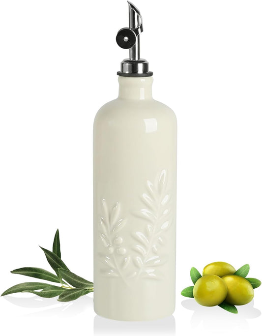 Sweejar 18 Oz Oil Dispenser for Kitchen with Gravity Spout, Ceramic Olive Oil Dispenser Bottle, Relief Opaque Vinegar Container for Evoo, Vinegar, Soy Sauce, Pack of 1(Beige, Silver Spout)