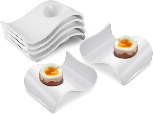 Flexzion Ceramic Egg Holder Cup - 6-Piece Hard Boiled Egg Holder & Soft Boiled Egg Holder Set, White Coddled Egg Cup, Stable & Stackable Modern Wave Style Egg Serving Dish with Base