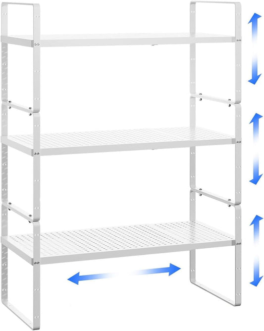 Expandable Cabinet Shelf Organizer Adjustable Metal Spice Rack Stackable Freestanding Counter Storage Shelves for Kitchen Cabinet Under Sink Office Desk (White - 3Pack - L16.5-27'' * W10.2'' * H9.6'')