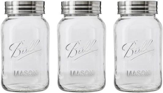 Ball Regular Mouth Glass Mason Jars with Lids and Bands, Used for Canning, Pickling, Juice, Jam, Jelly, Quart Size 32 Ounce (Pack of 3)
