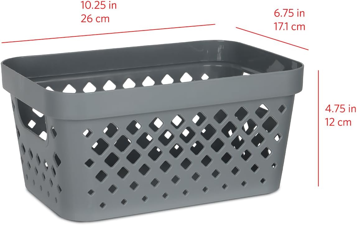 Glad Plastic Baskets for Organizing, Set of 6 | Pantry Storage for Under Counter, Linen Closet, and Bathroom | Nesting Shelf Bins with Handles, 1 Gallon, Grey