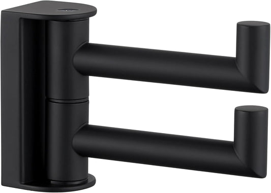APLusee Swivel Towel Hook 2 Arms Matte Black, 304 Stainless Steel Bathroom Double Towel Holder, Folding Robe Hook Wall Mounted