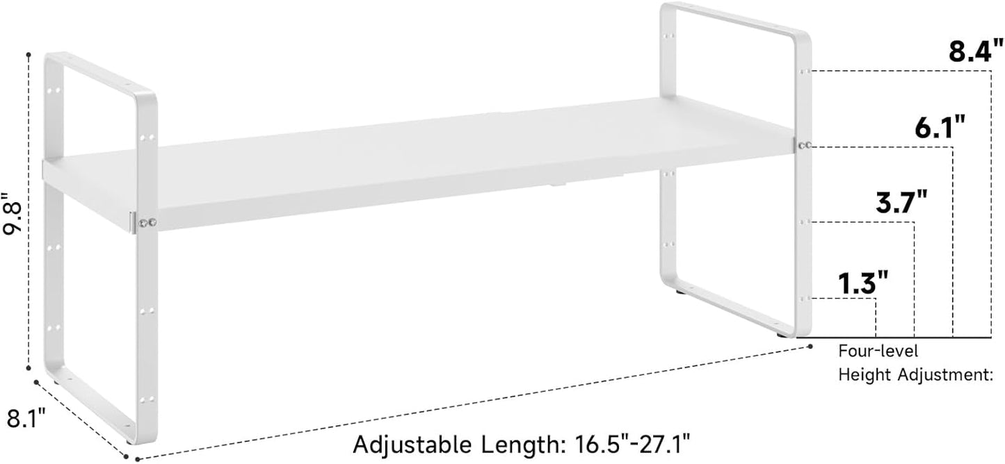 16.5~27.1" Expandable Shelf Organizer, 1Pack 8.1" Wide Stackable Cabinet Shelf Organizers, White Metal Sturdy Kitchen Counter Storage for Countertop, Adjustable Height Spice Rack