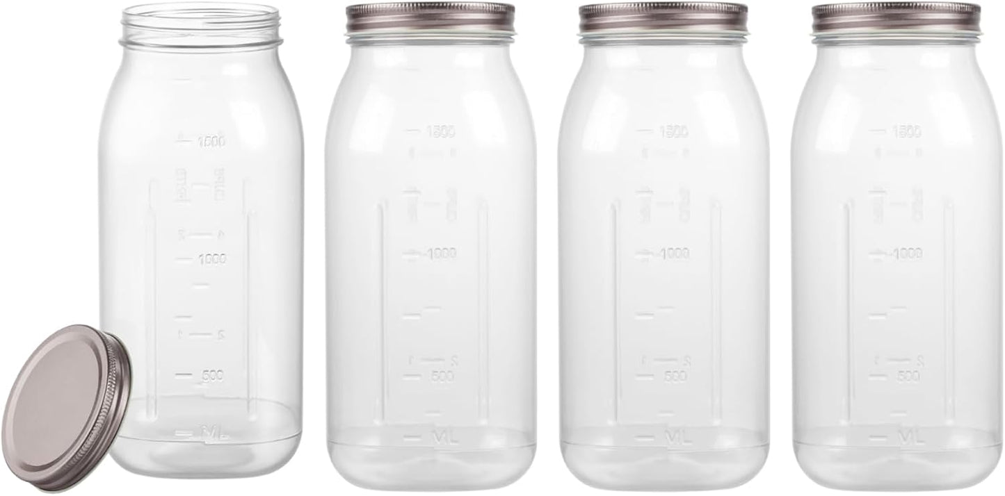 novelinks 64 oz Large Plastic Jars with Metal Lids - 4 Pack BPA-Free Clear Storage Containers for Pantry, Pickles, Sauces, Flour, Snacks - Leak-Proof Airtight Food Grade Jars for Kitchen (Rose Gold)