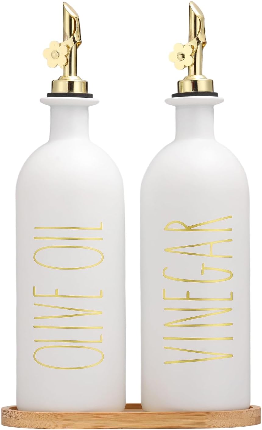 HOMCDALY 16oz Olive Oil Dispenser Bottles for Kitchen, Gold Oil&Vinegar Dispenser Set, Glass Oil Dispenser for Kitchen with Bamboo Tray | Set of 2 (16oz-P-Gold)